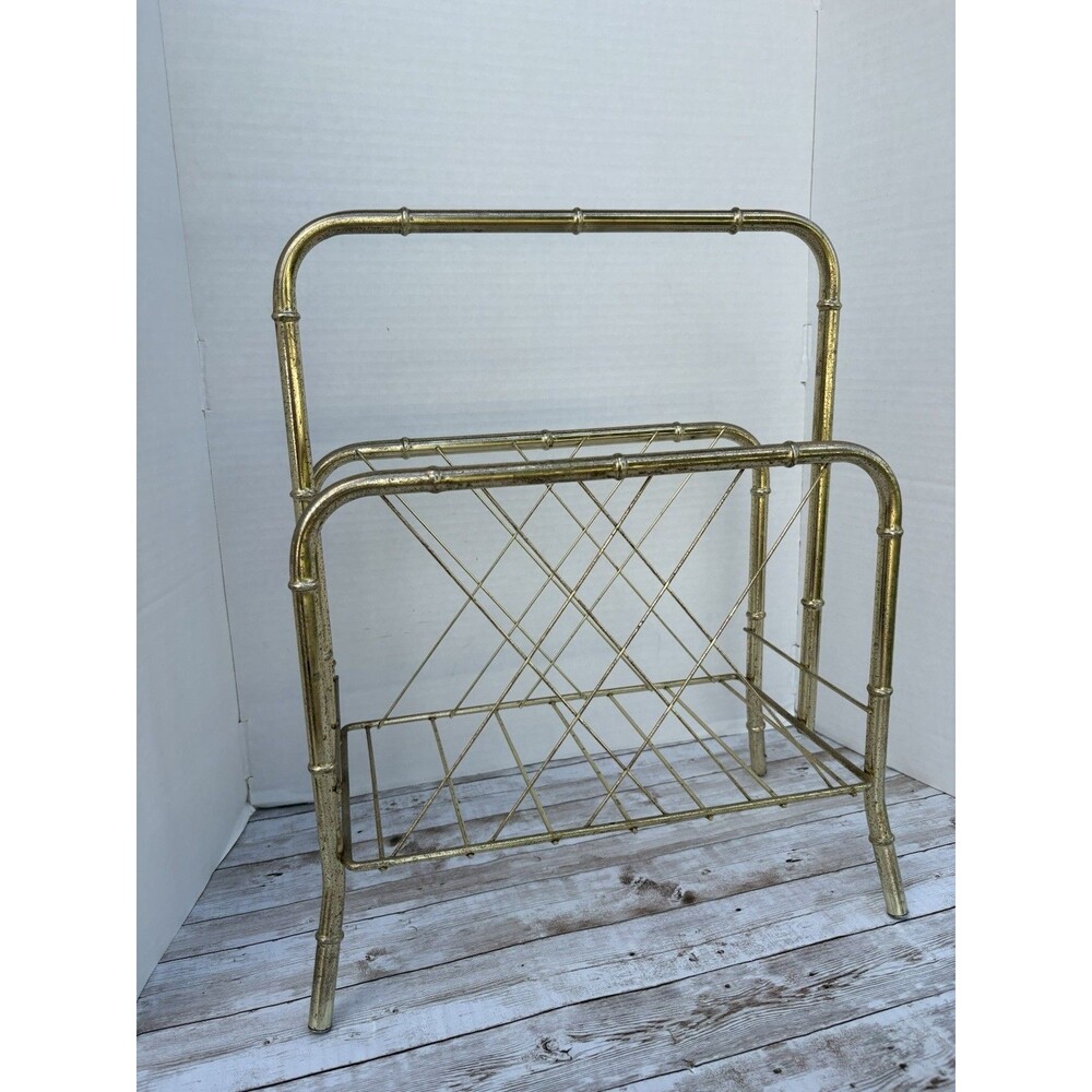 Vintage Hollywood Regency Gold Faux Bamboo Metal Wire Magazine Rack Book Holde